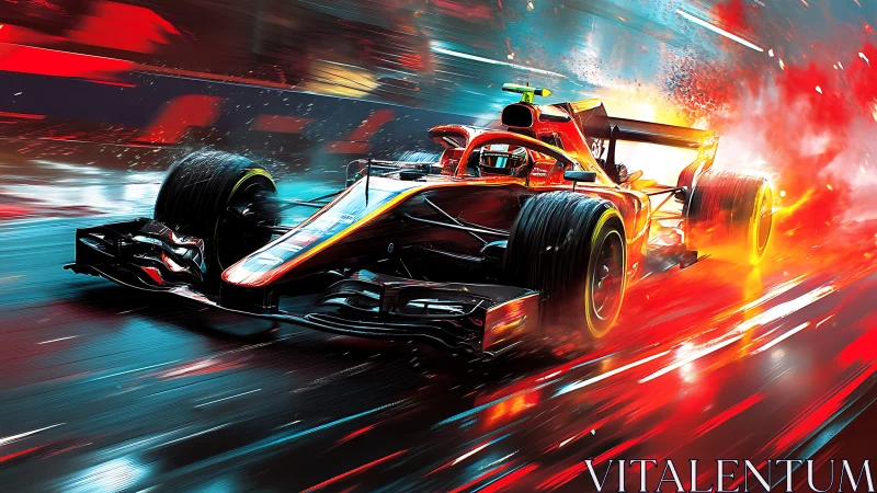 Formula race car cuts neon wet track with explosive speed