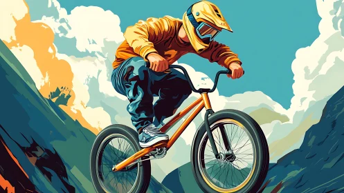Mountain biker leaping through stylized teal canyon sky.