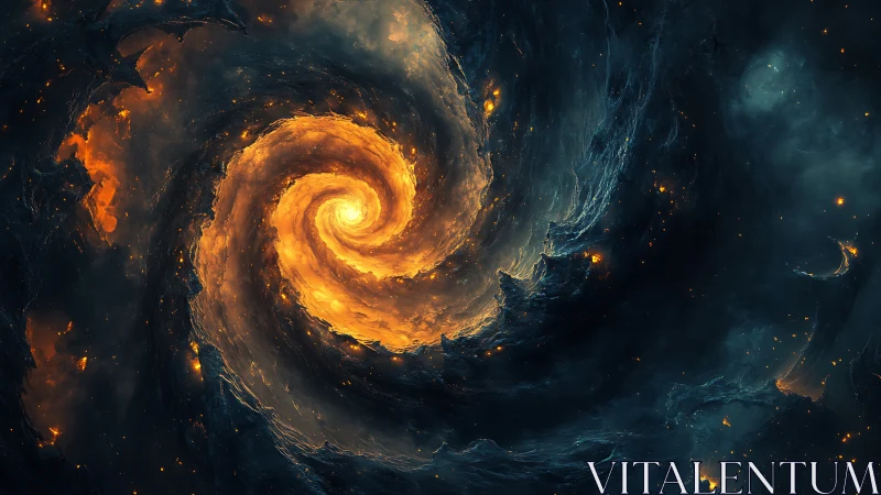 Fiery cosmic vortex spirals through deep shadowed space.
