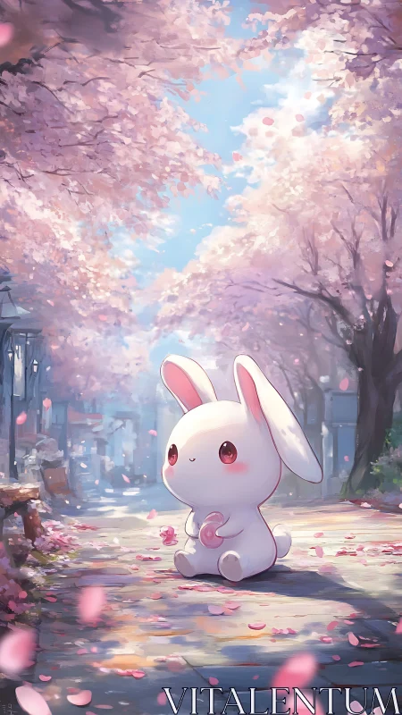 Soft bunny daydream under a gentle cherry blossom sky.