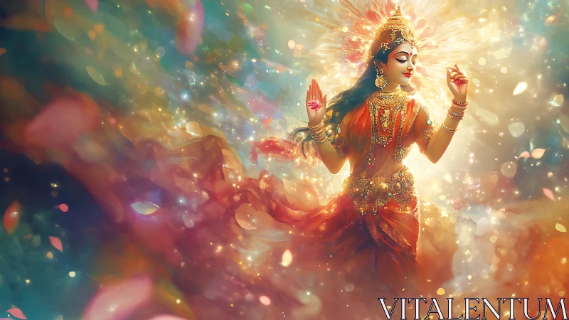 Radiant goddess in swirling cosmic light and golden petals.