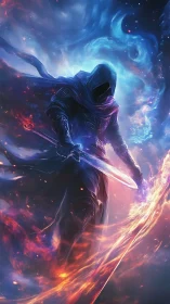 Cosmic hooded warrior wielding dual-elemental blade.