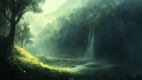 Luminous Forest Canyon with Waterfall and Ethereal Light