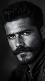 Monochrome close-up portrait of bearded man in profile.