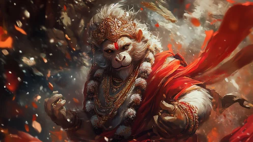 Mythic warrior monkey deity in ornate crimson regalia.