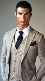 Portrait of suited male figure in textured beige three-piece ensemble