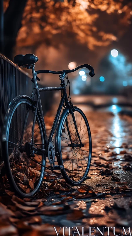 Bicycle parked against railing in nocturnal urban setting with bokeh lighting.