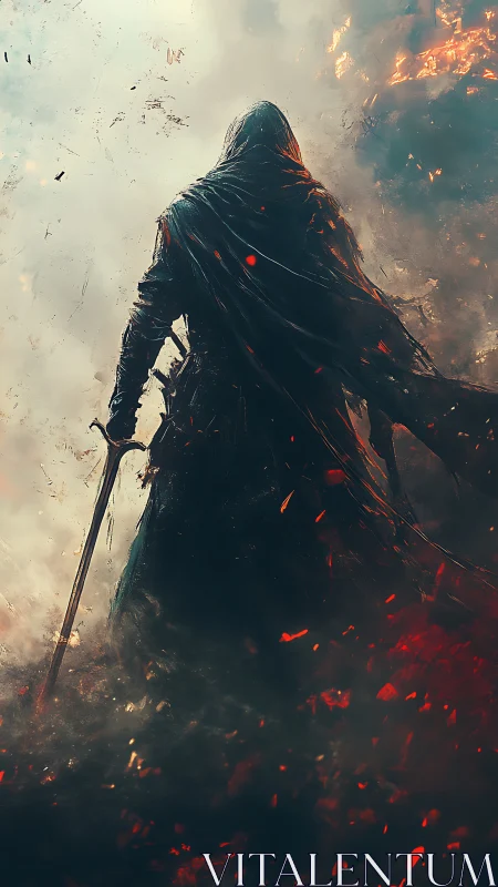 Shrouded warrior advancing through embers and stormfire.