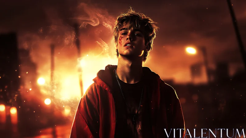 Youth figure in red jacket before blazing urban backdrop.