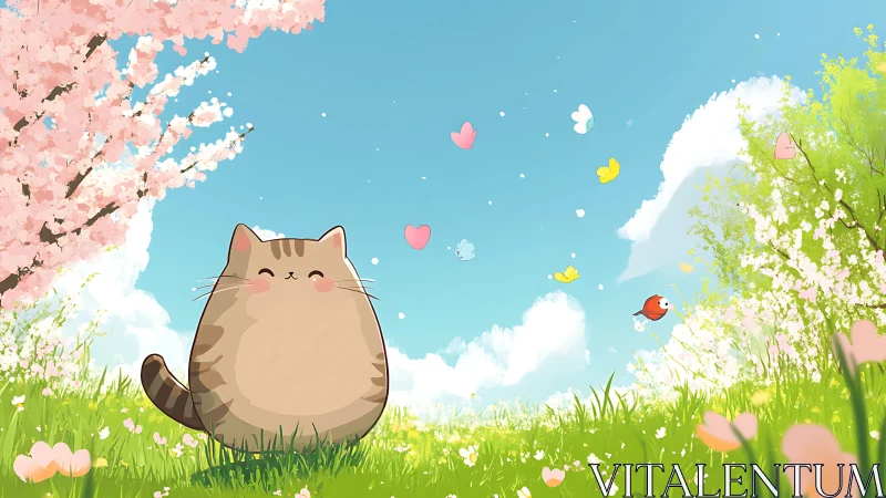 Plump tabby cat in spring meadow with cherry blossoms and blue sky