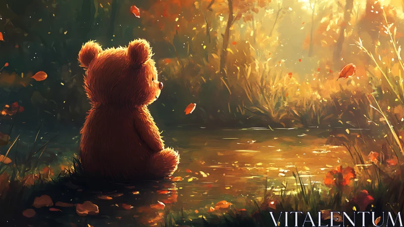 Stuffed bear by reflective pond in autumn woodland light.