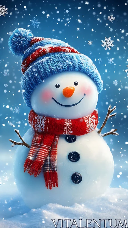 Cheerful snowman with red scarf in swirling snowfall.