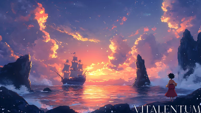 Sunset-lit pirate ship sails toward a rocky horizon.