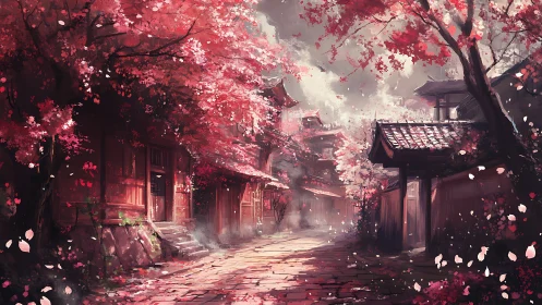 Old Japanese street under dense pink cherry blossoms.
