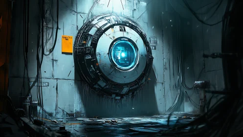 Circular industrial portal embedded in worn facility wall.