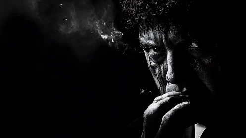 Brooding man in smoke-filled darkness stares with fierce focus