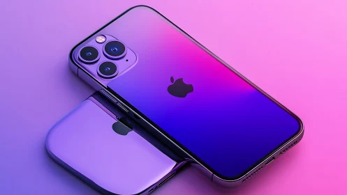 iPhone with purple gradient background and wireless charging case.