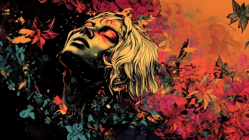 Floral-saturated portrait merges ink linework with chaotic color fields