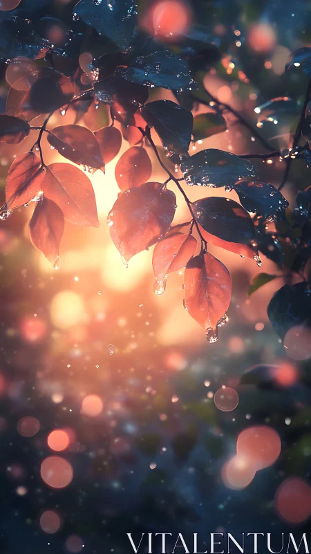 Backlit wet foliage with shallow focus and bokeh glow.