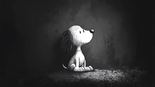 Lonely cartoon puppy sits in spotlight on dark floor.