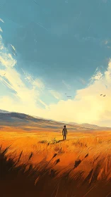 Solitary figure walking through expansive golden field.