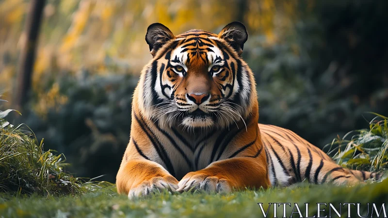 Calm tiger rests in sunlit forest grass with quiet strength