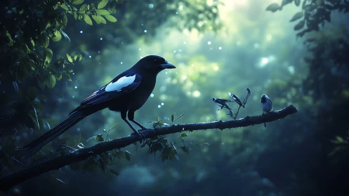 Gentle forest light frames a quiet gathering of songbirds