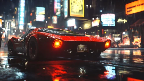 Red sports coupe on wet city street at night in rainfall.