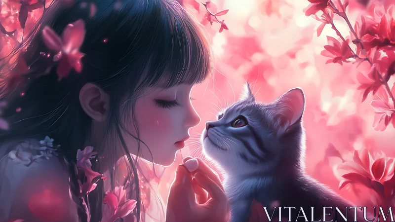 Girl and cat rendered in pink-toned digital illustration