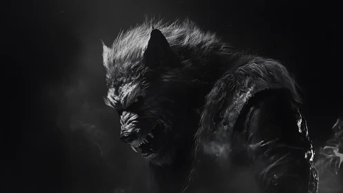 Shadowed werewolf mid-roar under moody moonlit smoke.
