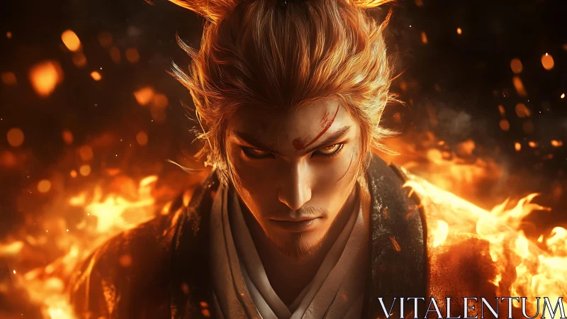 Firelit samurai portrait with ember particles and intense gaze