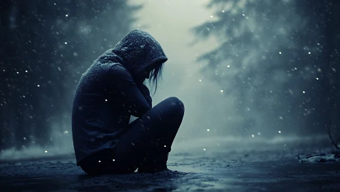 Solitary hooded figure in snowy forest gloom at dusk.