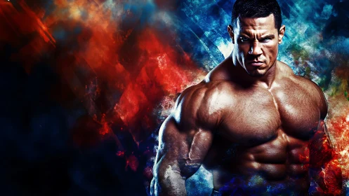 Muscular male bodybuilder dominates vivid abstract energy field