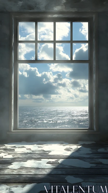 Weathered interior window framing high-contrast seascape lighting