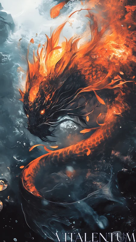 Infernal serpentine dragon coiling through stormy waters.