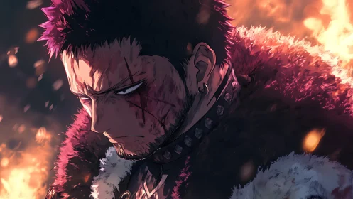 Battle-scarred warrior broods in ember-lit storm of regret.