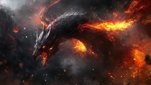 Fiery black dragon roaring in swirling molten smoke.