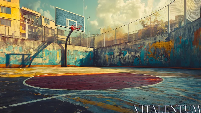 Urban outdoor basketball court under warm evening light.