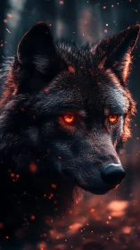 Fiery eyed wolf in dark forest with drifting embers.