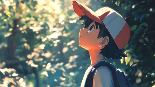 Youthful anime hiker gazing upward in dappled forest light