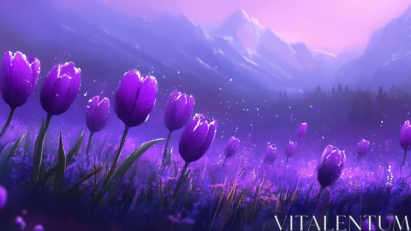 Purple tulip field under glowing pink mountain sunset.