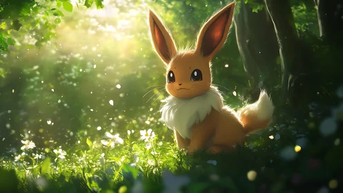 Furred creature in sunlit forest clearing with flowers.