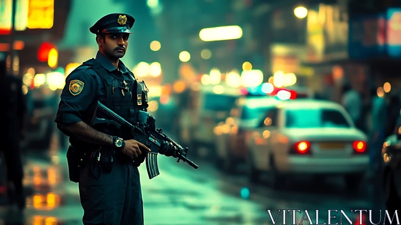 Armed uniformed police officer on wet urban street at night.