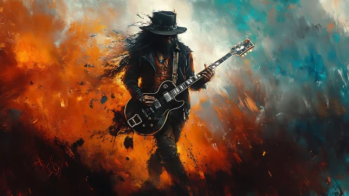 Guitarist in hat within abstract orange and teal field.