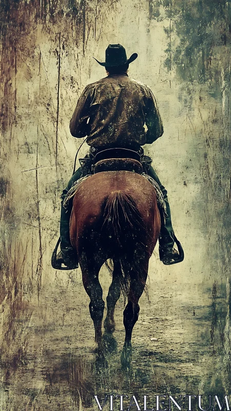 Weatherworn cowboy rides into a painterly dusk of grit.