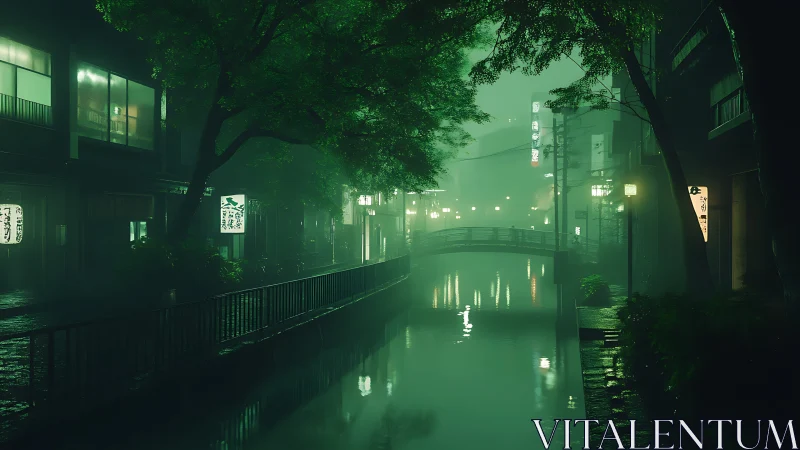 Misty green canal at night in quiet urban district.
