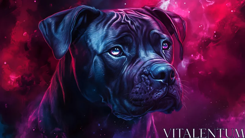 Galactic-eyed dog drifts through neon cosmic twilight.