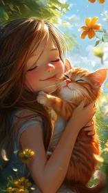 Girl Holding Ginger Cat in Garden. Joyful Bond.