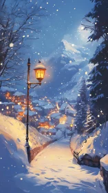 Snow-covered alpine village path under warm lamppost lighting