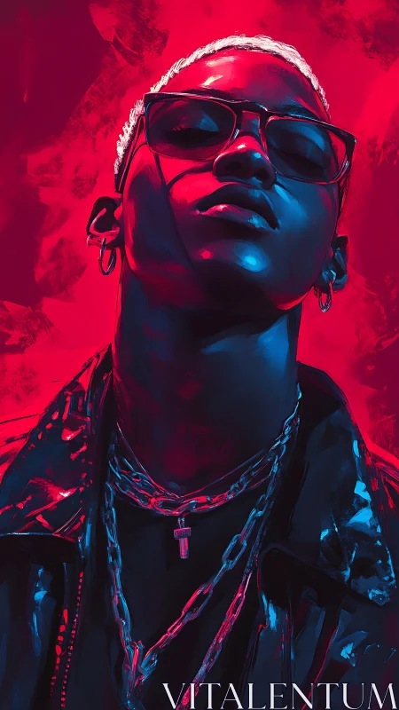 Neon-lit rebel in glossy leather and ultraviolet swagger.